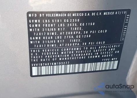 2019 Volkswagen Tiguan 2.0T S from USA, damaged, VIN 3VV1B7AX1KM193277